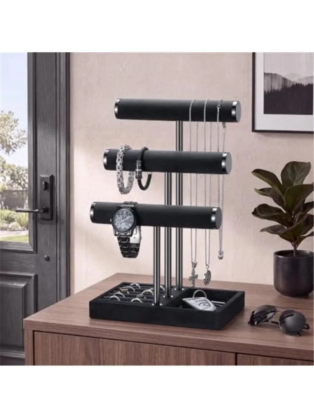 Jewelry Storage Organizer for Mens, 3 Tier Velvet Jewelry Organizer